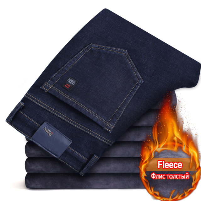 2022 Winter New Men's Warm Slim Fit Jeans Business Fashion Thicken Denim Trousers Fleece Stretch Brand Pants Black Blue - Larry's Anything Goes