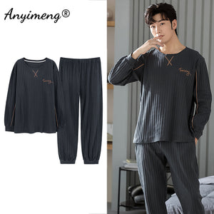 Big Size Men Pajamas Autumn Winter New Chic Gentleman Pjs Fashion Mens Casual Sleepwear Plaid Pants Cotton Pijama Set for Boy