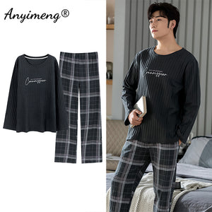 Big Size Men Pajamas Autumn Winter New Chic Gentleman Pjs Fashion Mens Casual Sleepwear Plaid Pants Cotton Pijama Set for Boy