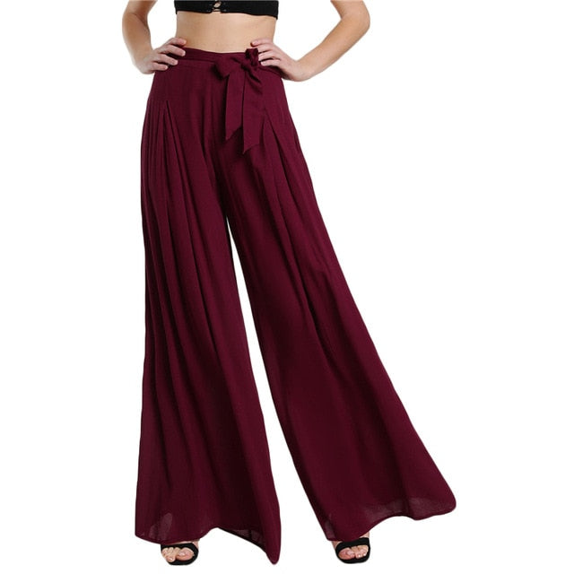 SHEIN Self Tie Fold Pleated Palazzo Pants Women Bottoms 2017 Women Casual Pants Burgundy Mid Waist Wide Leg Pants - Larry's Anything Goes