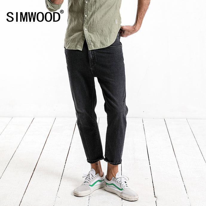 SIMWOOD 2018 Autumn Summer New Raw Edges Jeans Fashion Scratched Black Dark Wash Ankle -Length Slim Fit Denim Trousers 180098 - Larry's Anything Goes
