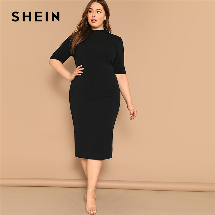 SHEIN Classy Black Plus Size Mock-neck Solid Pencil Slim Dress Women Spring Office Lady Bodycon Basics Plus Size Long Dresses - Larry's Anything Goes