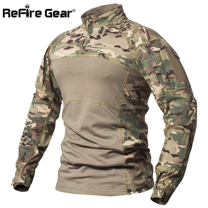 ReFire Gear Tactical Combat Shirt Men Cotton Military Uniform Camouflage T Shirt Multicam US Army Clothes Camo Long Sleeve Shirt - Larry's Anything Goes